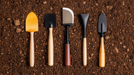 Gardening tools arranged on soil, showcasing variety of hand tools for planting and cultivating. Perfect for organic gardening enthusiasts