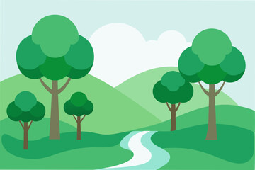 Fototapeta premium Serene Landscape Gentle Hills, Winding River, Lush Green Trees
