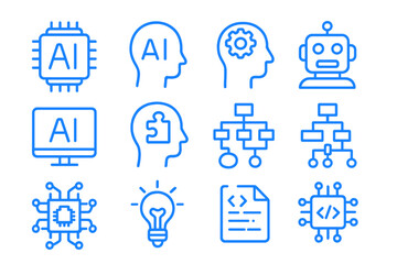 A set of blue line icons representing AI , including concepts such as cybernetics, machine learning, robotics, problem-solving algorithms, and AI technology, all in 256x256 pixel perfect vector