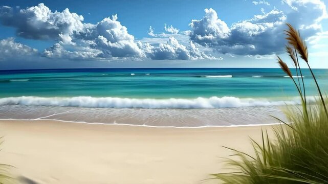 Serene beachscape with ocean waves and blue sky on a sunny day