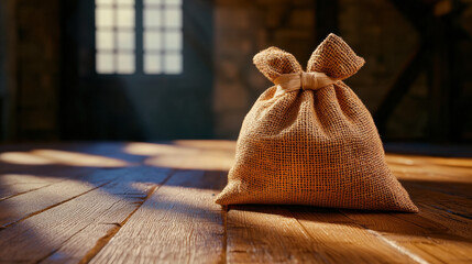 Rustic organic sack made of burlap sits on wooden floor, illuminated by soft sunlight streaming through window, creating warm atmosphere