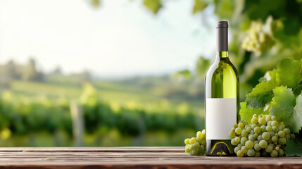 Beautiful organic wine bottle stands on wooden table surrounded by fresh green grapes, evoking serene vineyard atmosphere
