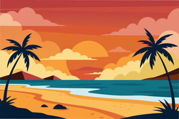Obraz premium Sunset Beach Scene Tropical Paradise Illustration