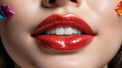 A close-up of a woman's lips with candy, perfect for food or beauty advertising