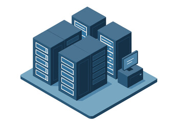 Fototapeta premium Vector illustration of a hosting server in isometric view, featuring an abstract 3D data center or datacenter room background, network mainframe infrastructure, and a website header layout