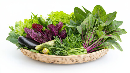 Fresh vegetables in woven basket, including leafy greens, cucumbers, and eggplant, evoke sense of health and vitality