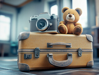 Vintage Suitcase with Classic Camera and Teddy Bear