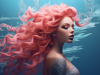 Mermaid with Flowing Pink Hair Underwater