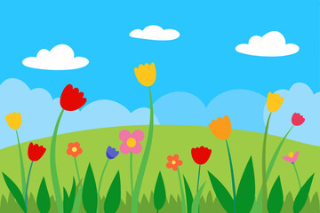 Vibrant Spring Meadow Colorful Tulips and Flowers Blooming Under a Sunny Sky