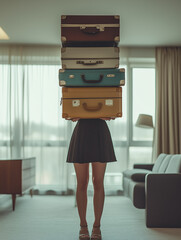 Woman Hidden Behind a Stack of Vintage Suitcases Indoors