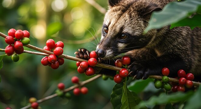 Asian Palm Civet Eating Coffee Cherries in Lush Tropical Foliage