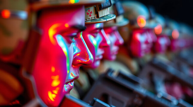 A Line of Soldiers Standing in Red Light with Guns Dressed in Camouflage Uniforms Wallpaper