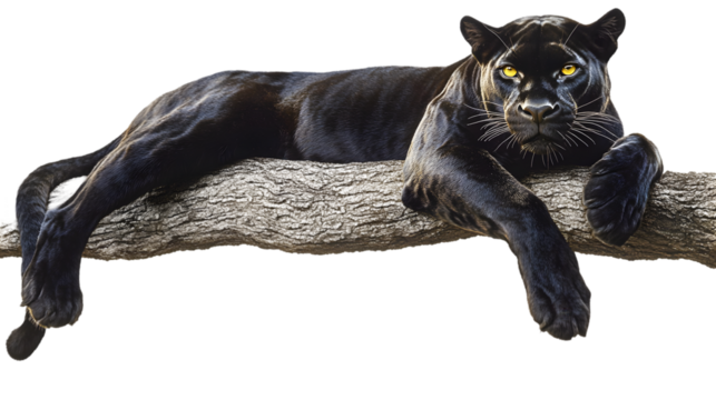 A black panther resting on a tree branch with piercing yellow eyes on transparent background png