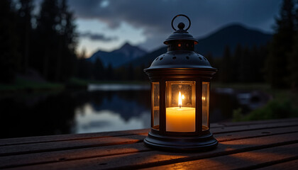 Obraz premium Candle burning inside glass lantern by lake under evening sky 