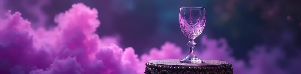 Fototapeta premium Delicate glass goblet rests on ornate pedestal amidst swirling purple haze , Luxury Decor, Glassware