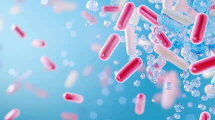 Colorful capsules and bubbles float in vibrant blue background, creating dynamic and lively scene that evokes sense of health and vitality