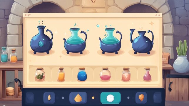 Gamified food app design, alchemy theme, vibrant cauldrons, mystical ingredients, potion-like progress bar, engaging user experience