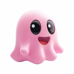 Fototapeta premium Cute pink cartoon ghost with big eyes and smile, isolated on white background