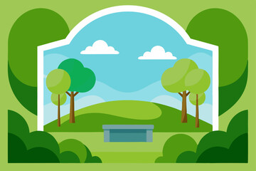 Fototapeta premium Serene Park Landscape Tranquil Green Hills, Lush Trees, and a Peaceful Bench