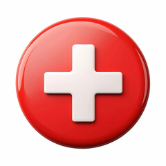 3D white medical cross on red circular background, isolated on white background

