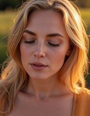 Fototapeta premium Serene portrait of a young woman in nature outdoor setting lifestyle photography soft natural lighting