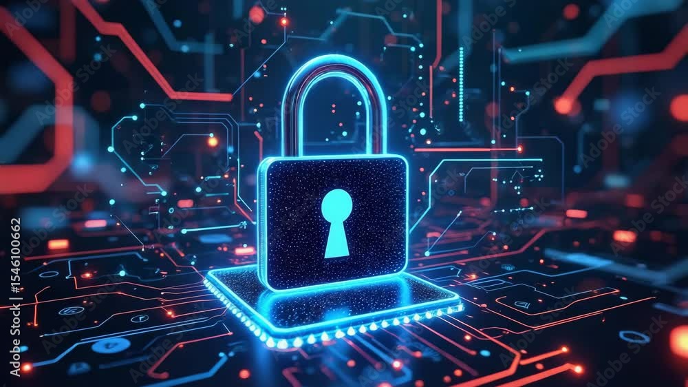 Poster key chip technology concept ,digital lock glowing circuit board with advanced digital security techn