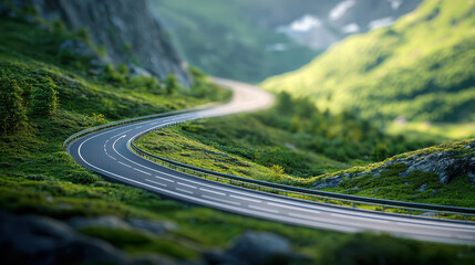 Winding road through lush green hills, surrounded by nature beauty and tranquility, inviting exploration and adventure