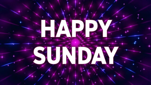 A vibrant digital illustration conveys a Happy Sunday message, with bright, energetic rays emanating from the center.