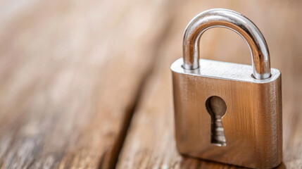 Metallic padlock resting on wooden surface symbolizes security and protection. Its shiny finish reflects light, enhancing its visual appeal