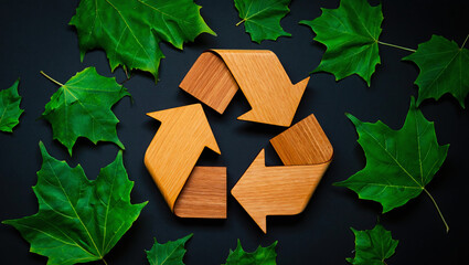 Eco friendly wooden recycling symbol surrounded by fresh green maple leaves on a dark background representing sustainability and environmental care