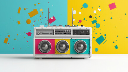 Retro inspired boombox with vibrant colors against colorful background, evoking nostalgia and fun