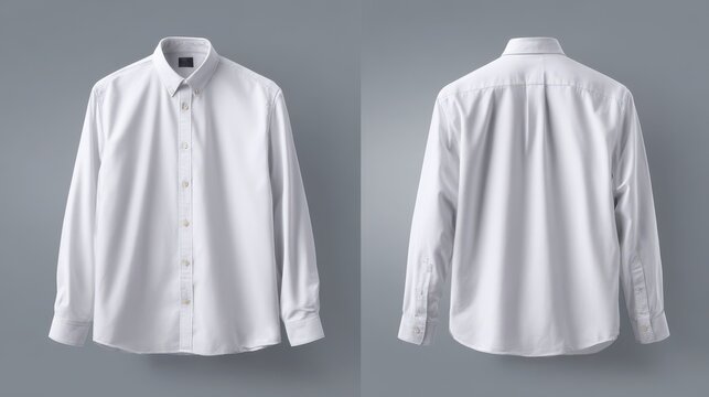 White shirt mockup template with long sleeves isolated on a gray background with front and back views in a flat lay Mockup of a white mens dress buttondown formal wear.