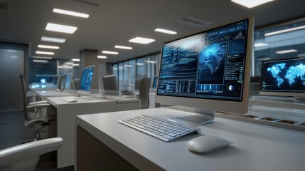 Modern office displays a world map interface on computer screens illustrating data science cybersecurity or global network management in a high tech environment