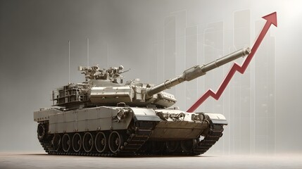 Military Tank with Upward Arrow Chart | Symbol of Rising Global Defense Budgets & Military Spending