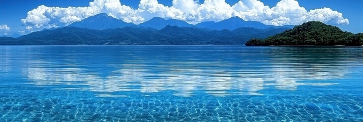 Tranquil turquoise waters with distant mountains and cloudy sky.