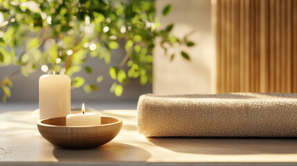 Serene spa sanctuary featuring candles, soft towel, and natural elements creates calming atmosphere for relaxation