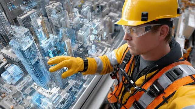 Architectural Oversight: A dedicated worker, clad in a safety harness and protective gear, examines a complex architectural model, meticulously overseeing the intricate details of urban planning.