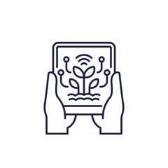 Obraz premium smart farming line icon with tablet in hands