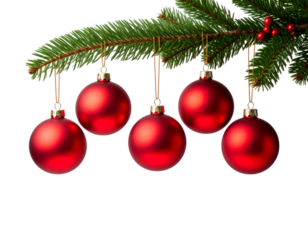 Adorned Branch: Five radiant red ornaments dangle gracefully from a lush green Christmas tree branch, infusing the atmosphere with anticipation of holiday cheer and cozy festivities.