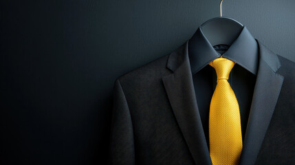 Stylish black suit with vibrant yellow tie is elegantly displayed on hanger against dark background, exuding sophistication and confidence