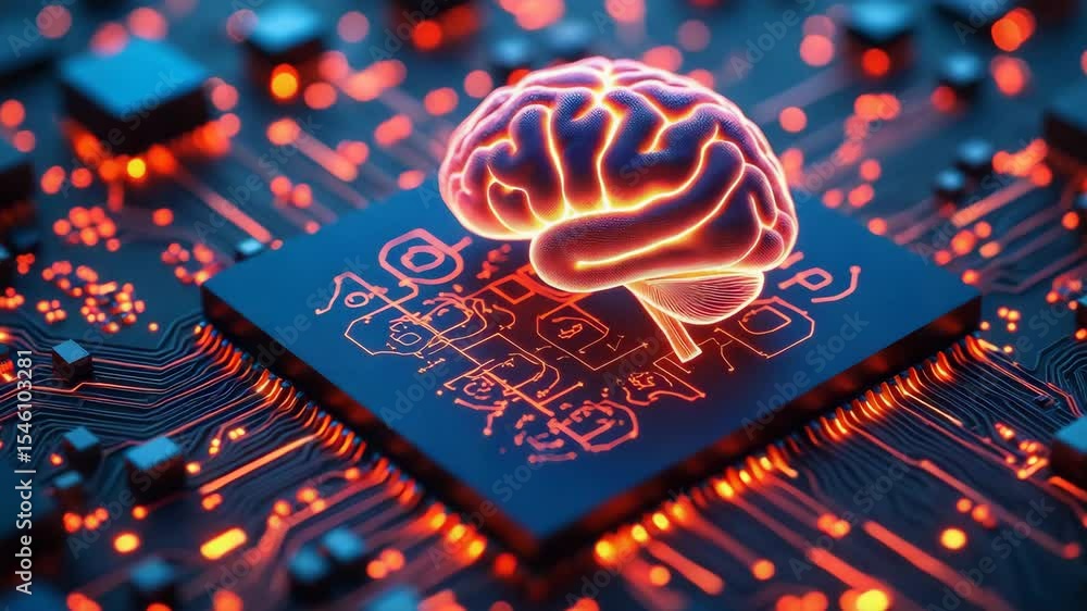 Poster key chip technology concept ,artificial intelligence glowing brain microchip circuit board digital t