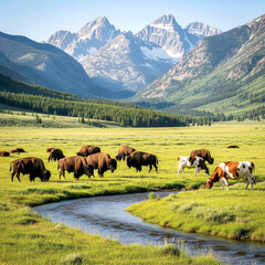 Herd of cows on a meadow and mountain view during the day.