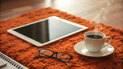 Workspace with Tablet, Coffee Cup, and Eyeglasses on Textured Table