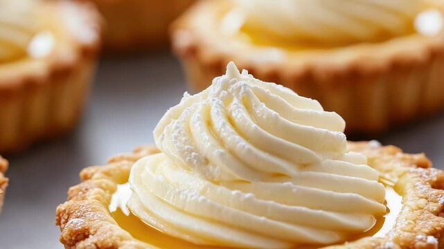 A close-up shot of a delicious pastry with a generous helping of creamy topping