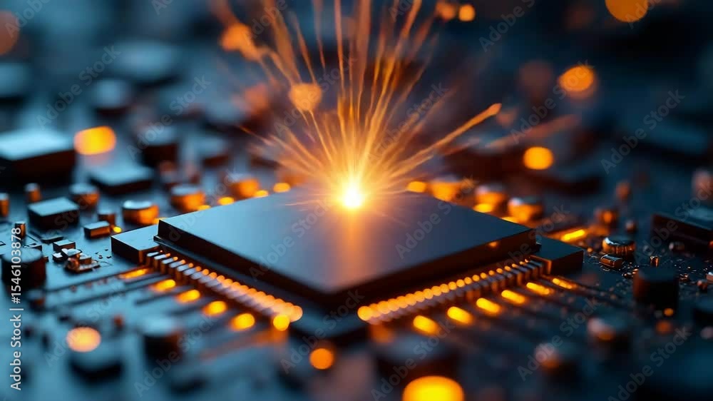 Poster key chip technology concept ,microchip circuit board glowing electronic component technology spark c