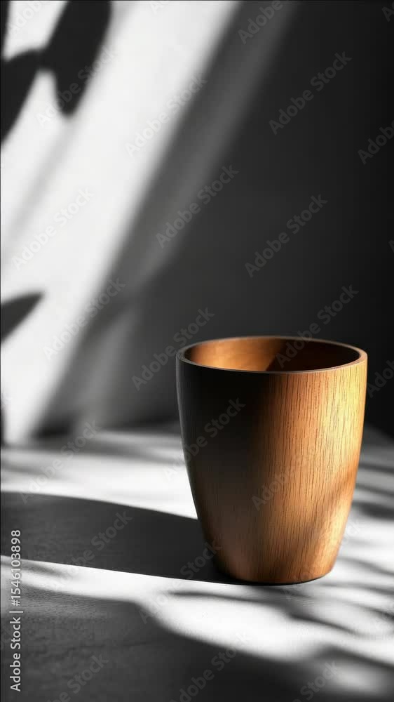 Poster a simple yet striking capturing the interplay of shadows and light on a wooden mug, creating a moder
