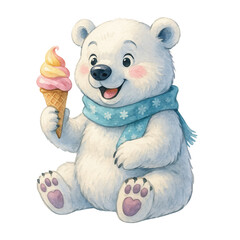 Cute Polar Bear Holding Ice Cream – Watercolor Illustration