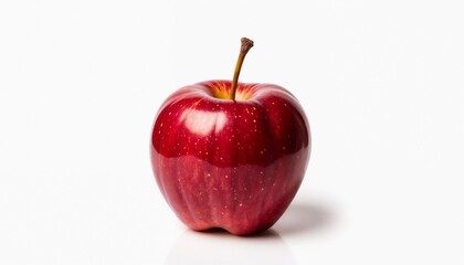 A fresh, shiny red apple with a brown stem sits on a white background. The apple has a smooth surface and a vibrant color, indicating ripeness and freshness.