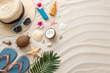 Summer beach essentials flat lay with straw hat sunglasses sunscreen flip flops and seashells on sand