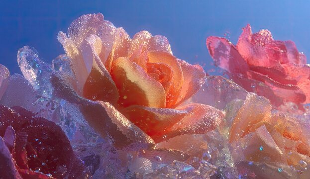 Two iridescent roses, peach and pink, submerged in sparkling, translucent water against a vibrant blue sky